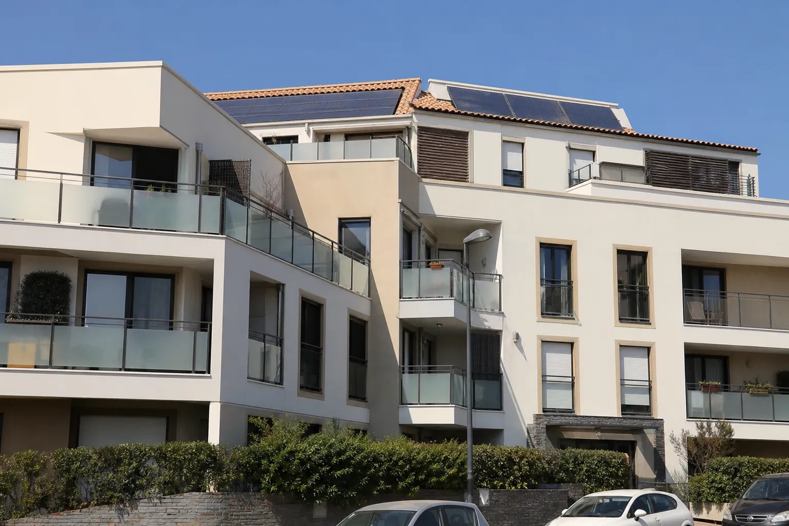 Toit d’immeuble en copropriété équipé de panneaux solaires