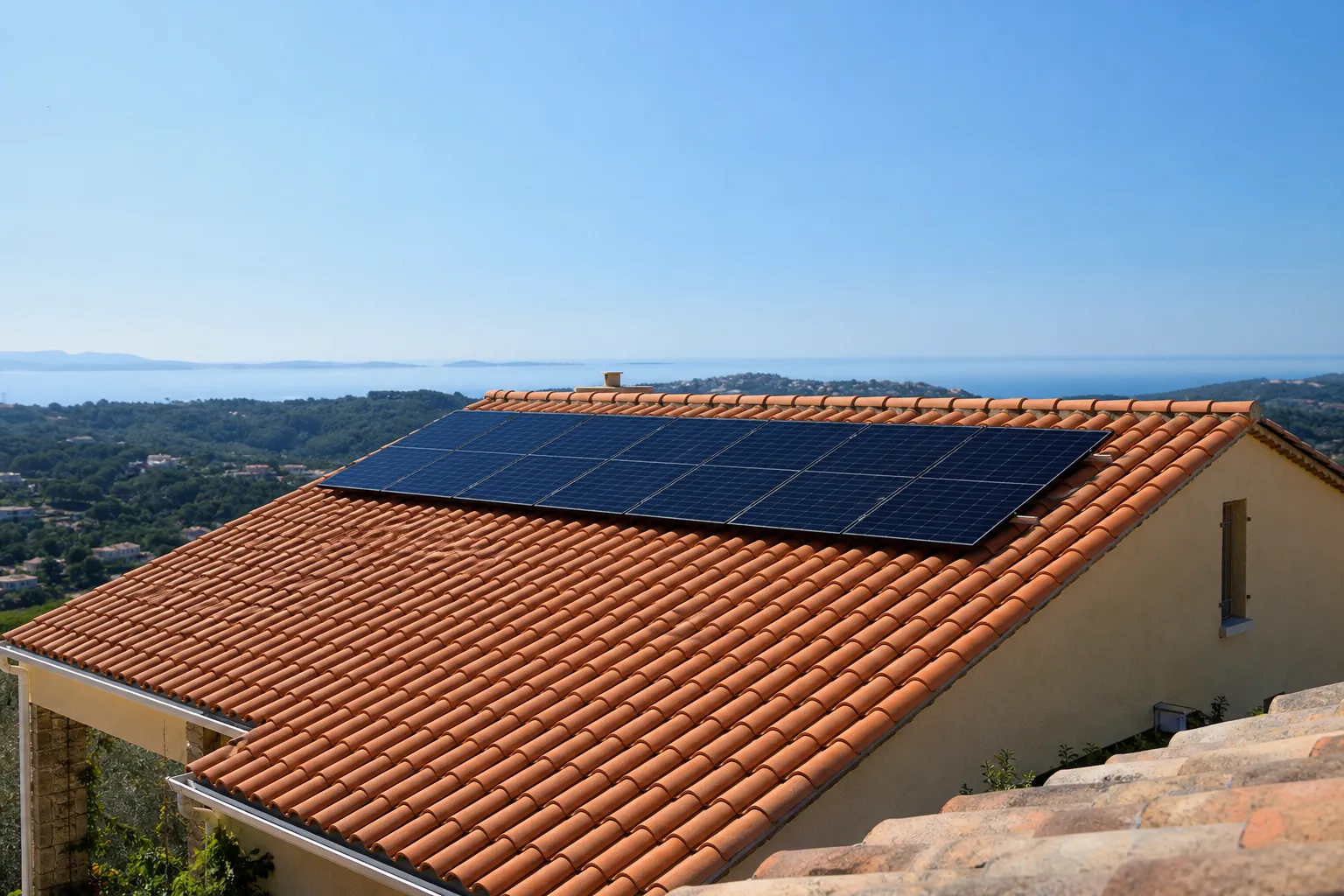 Toiture en tuile canal que nous avons équipée de panneaux photovoltaïques, près de Nice