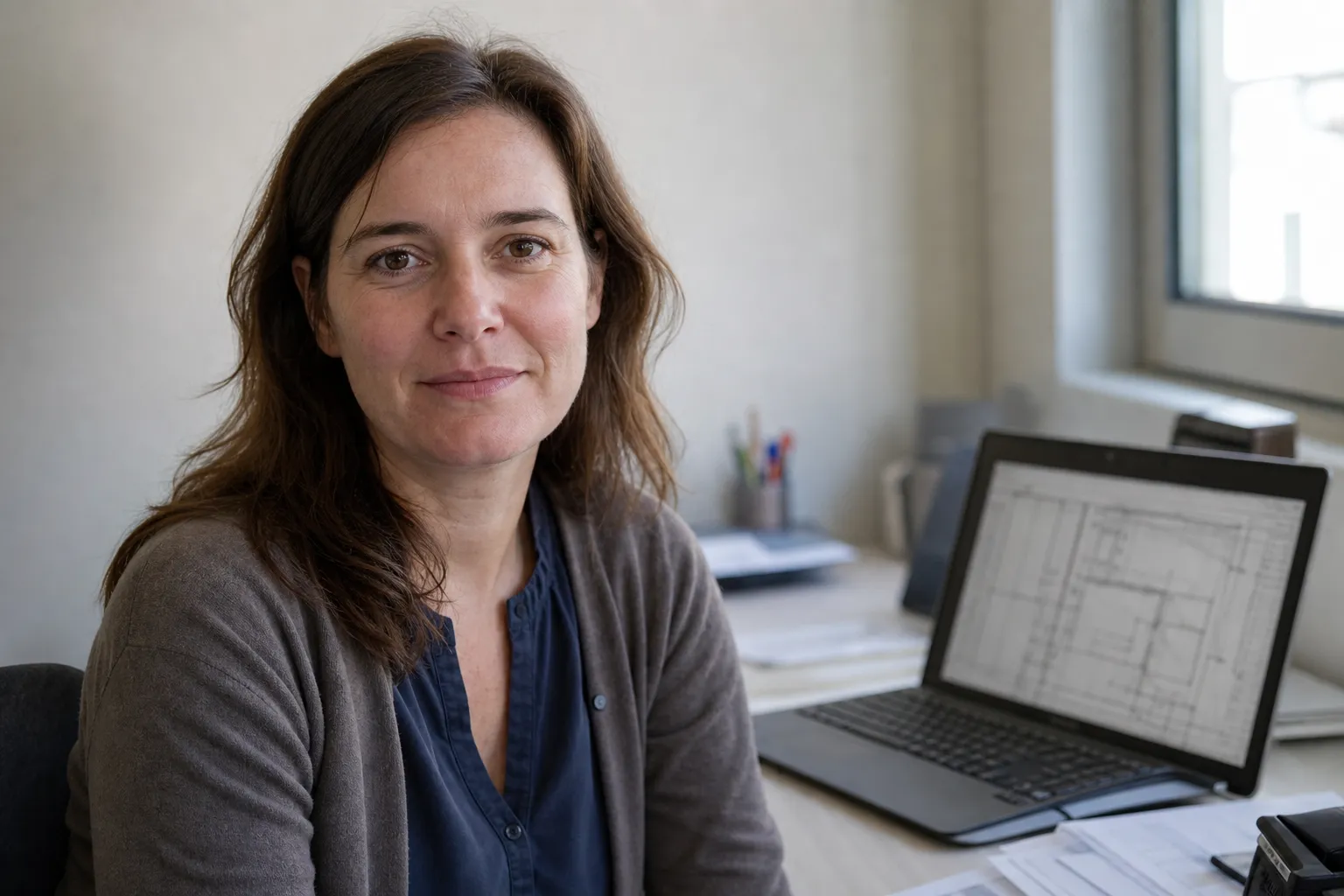Portrait d’une technicienne sur un chantier photovoltaïque en extérieur