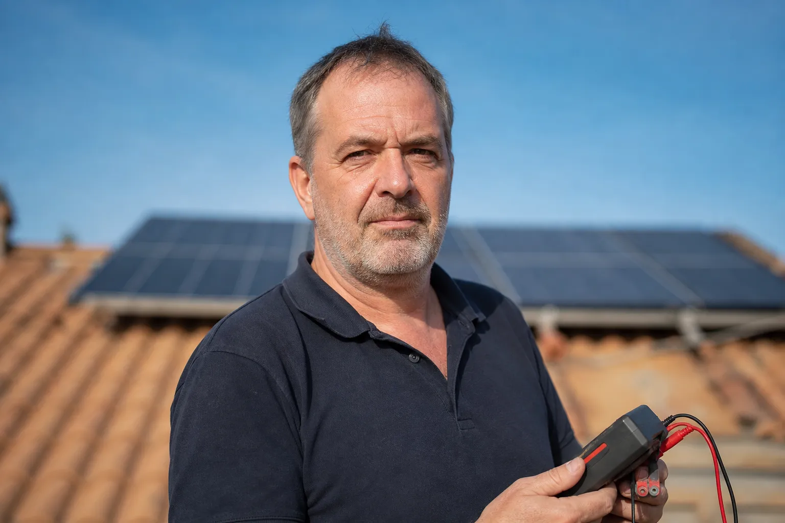 Portrait d’un installateur casqué sur un chantier de toiture