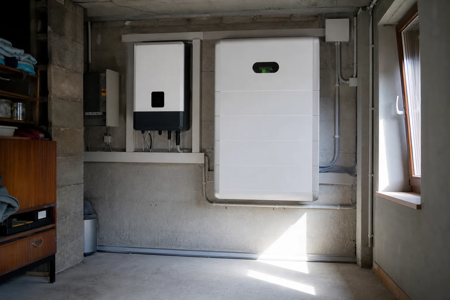 Batterie de stockage solaire posée dans un local technique de maison